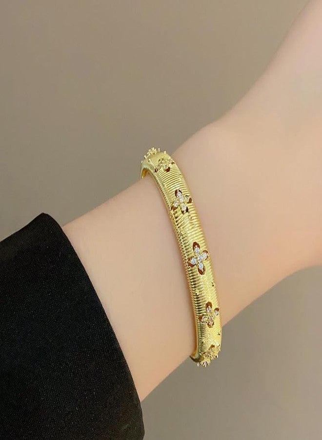 sunglnl Gold Bracelets for Women, Silver Gold Stripe Bangle Bracelet Cuff Flower Shaped With Simulated Diamond Trendy Mixed Metal Open Gift for Mom Her Jewelry (Gold Flower) - Image 3